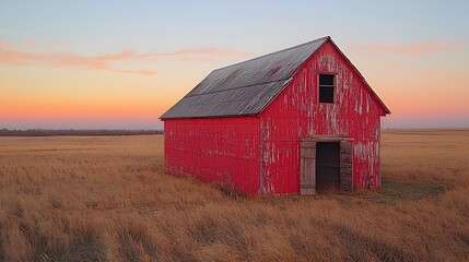 Rustic red barn in autumn field at sunset.