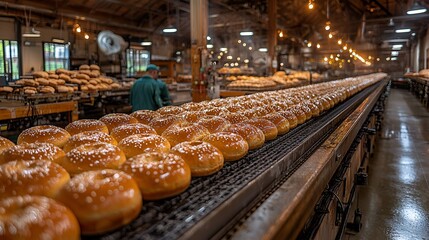 Rows of bagels on conveyor belt in bakery.