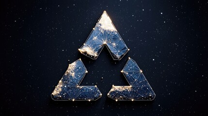 A stylized, abstract geometric symbol composed of interconnected triangles with glowing nodes, set against a dark background sprinkled with small, bright stars.