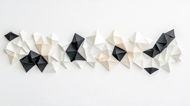 A striking abstract wall sculpture composed of folded paper elements in black, white, and cream, arranged in a dynamic, irregular pattern. - Powered by Adobe