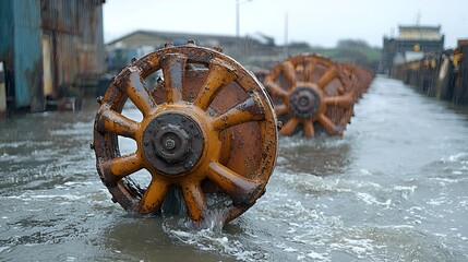 Rusty wheels submerged in water.