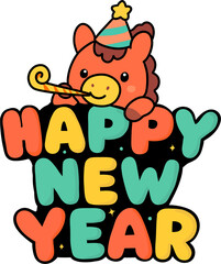 말 캐릭터와 해피 뉴 이어 레터링 일러스트