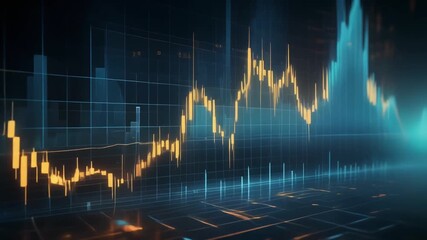 Glowing orange and blue stock market graph with grid background, showcasing financial data in a dark setting with a mix of warm and cool tones. - Powered by Adobe