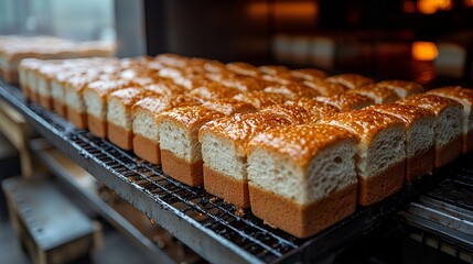 Freshly baked bread loaves cooling on a rack in an oven.