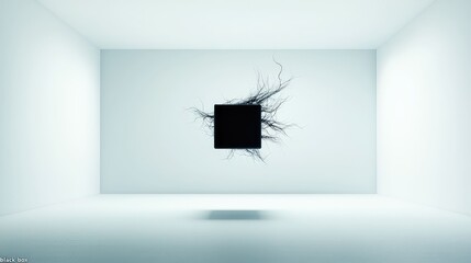 The "black box" of AI, a featureless, matte black cube levitating in a white room, with complex, unintelligible data streams flowing into it and a single, simple stream of light exiting 