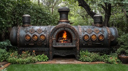 Ornate outdoor steampunk-style fire pit burning in lush garden.