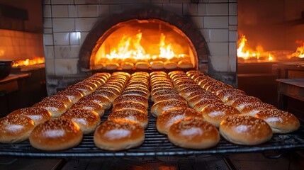 Freshly baked sesame buns on a rack in a brick oven.