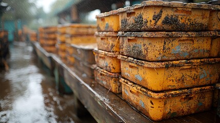 Dirty orange plastic crates stacked outdoors in the rain.