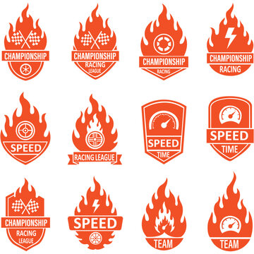 Collection of twelve orange racing themed emblems with flames and text on a white background