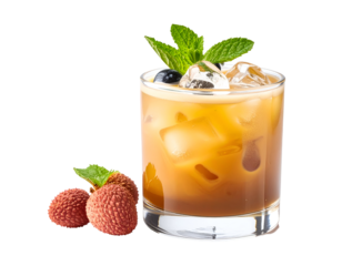A refreshing glass of iced tea garnished with fresh mint leaves and accompanied by ripe lychee fruits