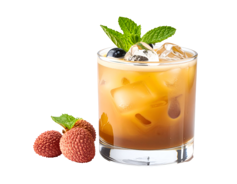 A refreshing glass of iced tea garnished with fresh mint leaves and accompanied by ripe lychee fruits