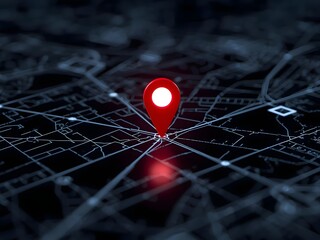 Bright red navigation pin glowing over a dark tech city grid.
