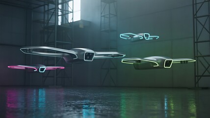 Futuristic flying drones swarm with glowing neon lights for modern technology