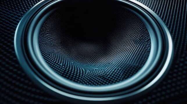 The cone of a large subwoofer speaker, vibrating intensely and visibly distorting from a low-frequency sound wave, powerful bass, high-speed photography, moody and dark. 