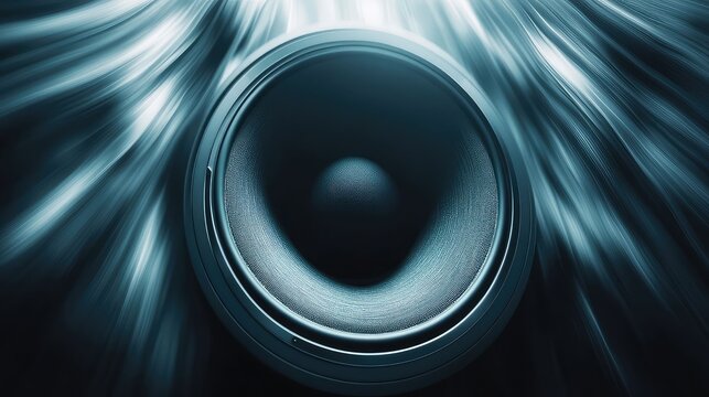 The cone of a large subwoofer speaker, vibrating intensely and visibly distorting from a low-frequency sound wave, powerful bass, high-speed photography, moody and dark.