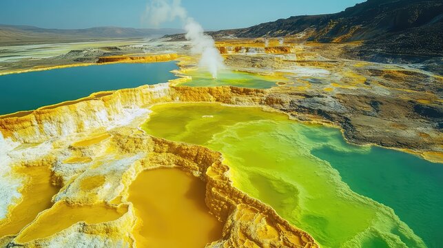 The Danakil Depression in Ethiopia, a surreal landscape of neon-yellow and green sulfur springs, salt flats, and steaming geysers, otherworldly and toxic beauty, hyper-detailed, drone shot. 