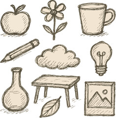 Artistic Collection: A collection of various hand-drawn sketches featuring an apple, flower, cup, pencil, cloud, lightbulb, vase, table, leaf, and a framed picture.