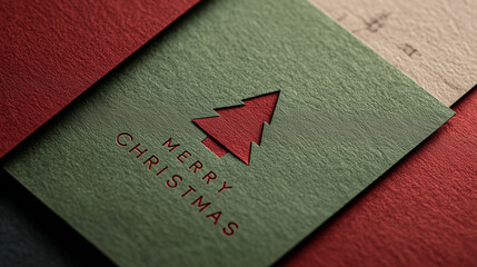 Minimalist christmas card design, text "Merry Christmas", red and green color palette, minimalistic style with paper texture