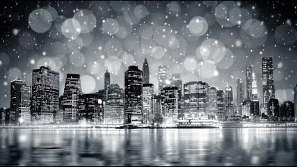 Dynamic cityscape at night with falling snow and bokeh lights creates a magical and vibrant urban scene for holiday promotions and seasonal campaigns