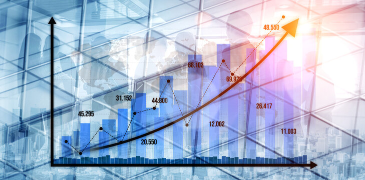 A dynamic representation of business growth featuring graphs and charts in a modern office setting. This image illustrates financial success and positive trends. Tessel