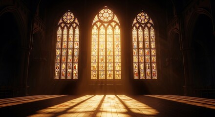 Sunlight streaming through stained glass windows in a church