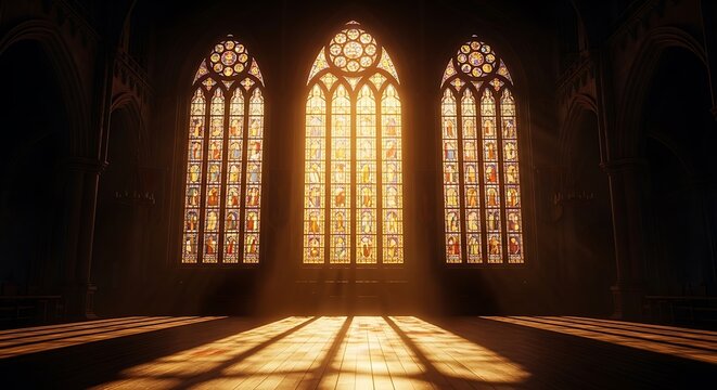 Sunlight streaming through stained glass windows in a church