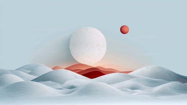 A surreal, minimalist landscape featuring undulating, textured hills in white and red, with a large speckled sphere and a small red orb in a pale blue sky.