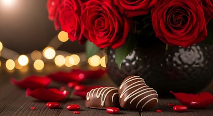 Romantic chocolate heart candies with red roses and bokeh lights