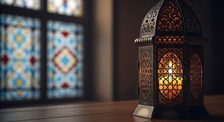Ornate islamic lantern glowing with warm light near stained glass window