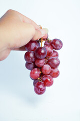 Hand holding a lush bunch of fresh red or purple grapes on a white background, symbolizing harvest, healthy snack, and natural food