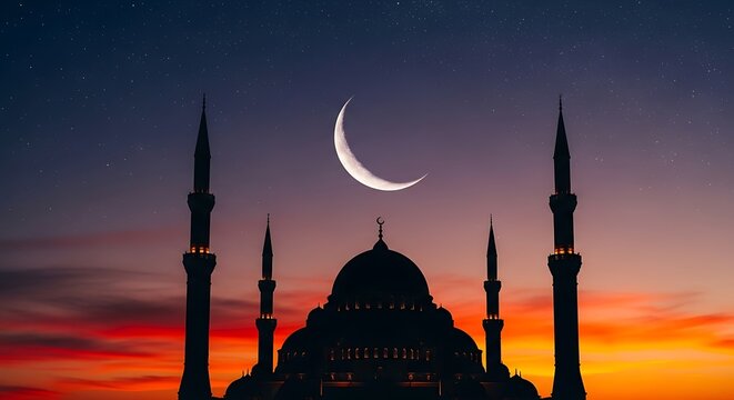 Silhouette of a mosque with a crescent moon and stars at sunset