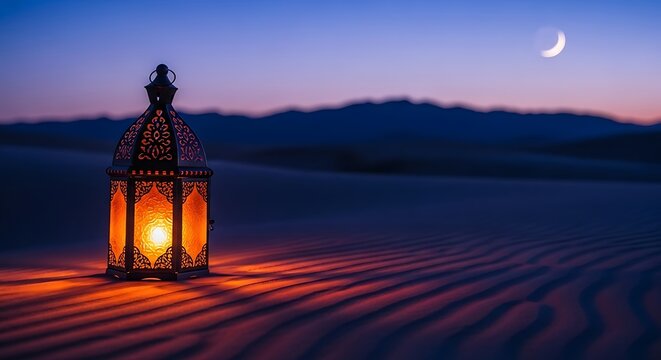 Glowing ramadan lantern in desert at twilight with crescent moon
