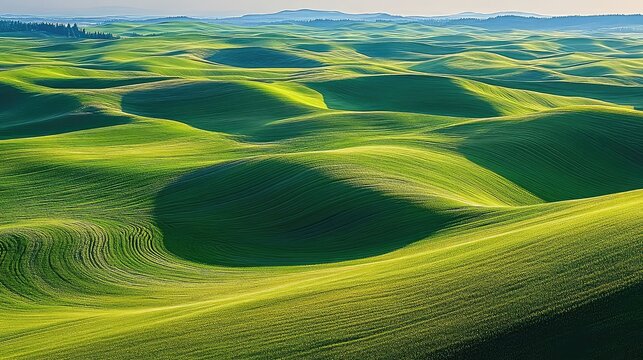 The endless, rolling green hills of the Palouse in Washington state, with abstract patterns created by wheat fields and farmland, soft morning light emphasizing the smooth contours, 