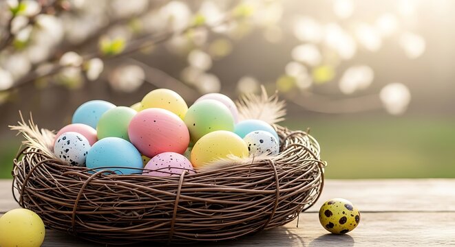 Easter eggs in a nest on a wooden table with blooming tree background