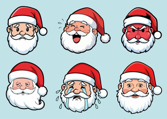 This illustration showcases six diverse Santa Claus head portraits on a transparent background. Each head features a distinct facial expression, including joy, anger, and sadness. The style is cartoon