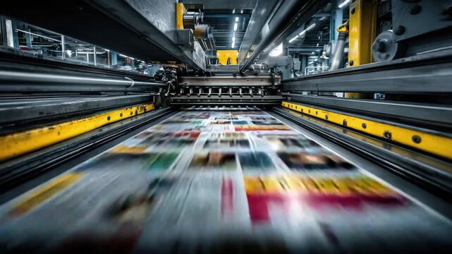 Large industrial printing press in action, rapidly printing colorful, blurred media sheets