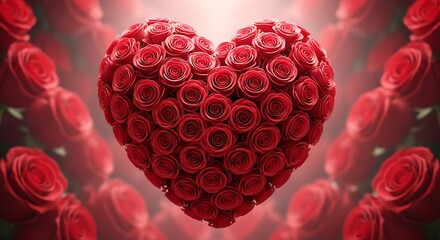 Heart shape made of red roses with blurred roses background