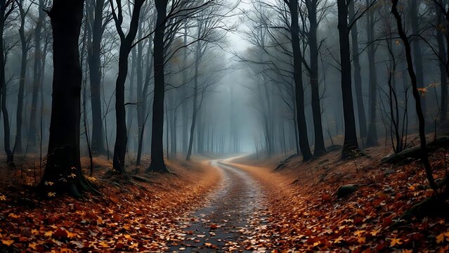 narrow forest path surrounded by tall bare trees and autumn leaves. Moody and cinematic woodland scenery with warm tones, creating a peaceful yet mysterious atmosphere - Powered by Adobe