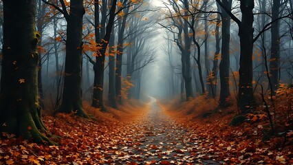 narrow forest path surrounded by tall bare trees and autumn leaves. Moody and cinematic woodland scenery with warm tones, creating a peaceful yet mysterious atmosphere