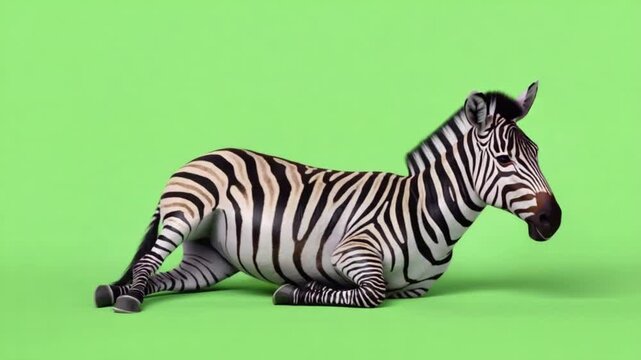 Zebra lying down on a green background in a studio with its head raised and looking forward zebra green screen video