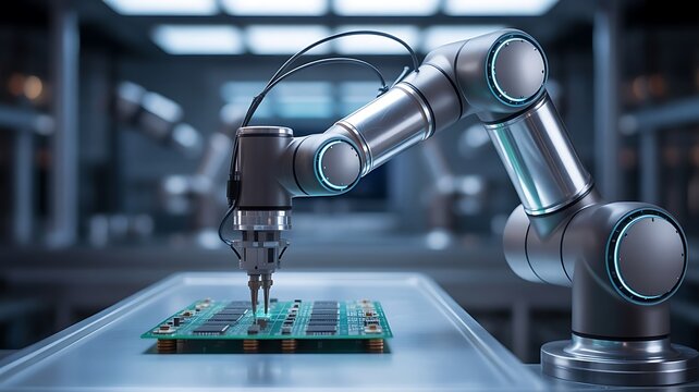 Robotic arm precisely assembling electronic components on a circuit board
