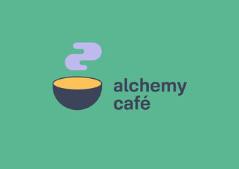 This contemporary logo showcases a bowl with steam above it, presenting a modern identity for Alchemy Café, emphasizing warmth, comfort and inviting ambiance.