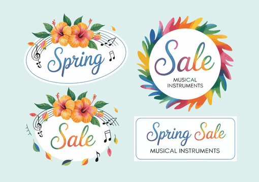 Exciting spring sale promotional designs featuring colorful floral themes and music notes, perfect for drawing attention to musical instruments and special offers.