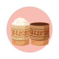 Two traditional woven bamboo Kratip baskets sit on a pink circle, one overflowing with fluffy white sticky rice and the other empty, showcasing authentic Southeast Asian craftsmanship details