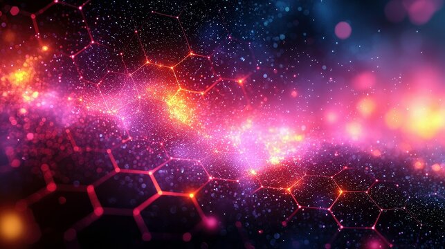 A vibrant, abstract digital or cosmic landscape featuring a glowing hexagonal network overlaid with sparkling particles and nebulae in shades of pink, purple, a - Powered by Adobe