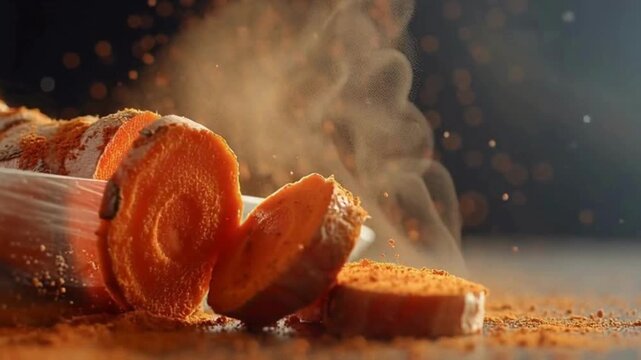 Freshly sliced turmeric root with aromatic steam and vibrant orange powder on a dark background.