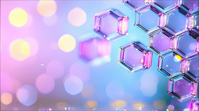 A close-up view of a cluster of transparent, hexagonal crystal structures with purple and blue iridescent reflections, set against a soft background of bokeh li