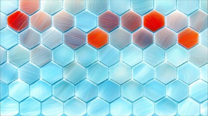 A close-up, abstract view of a tiled surface featuring a repeating hexagonal pattern in various shades of blue, with accents of red and orange.