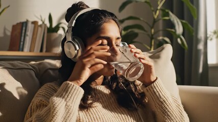 A woman wearing headphones and a relaxed expression takes a sip of water while enjoying her favorite music or podcast on a couch, perfectly capturing the concept of relaxation and self care.