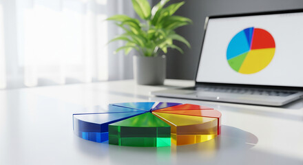 A modern office desk with a laptop displaying a pie chart and a physical chart model, a perfect concept for business data analysis and presentations